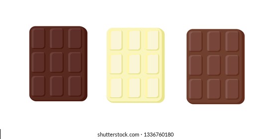 Vector three varieties of chocolate. Objects isolated on a layer. Elements of sweets. Food illustration for cards, applications. Sweet on a white background. International Chocolate Day