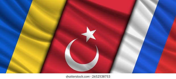 Vector three wavy flags. Ukraine, Turkey and Russian Federation. Global meeting and peace negotiation. Relations between countries. Ukrainian, Turkish and Russian political banner. Poster