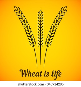 Vector Three Wheat Ears on Bright Yellow background. Element for the menu, restaurants, bakery and beer pub