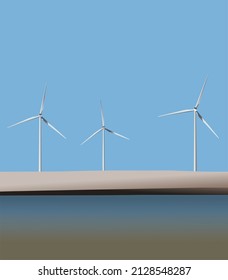vector with three windmills on a dike, with water in front of it and a blue sky in the background, the Netherlands. With the colors white, brown, gray, blue, black, yellow.