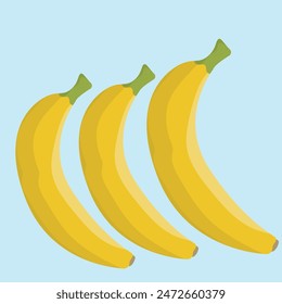 Vector of three yellow bananas in a row on a light blue background. Perfect for health, nutrition, food ads, and creative projects. Vibrant and eye-catching design.