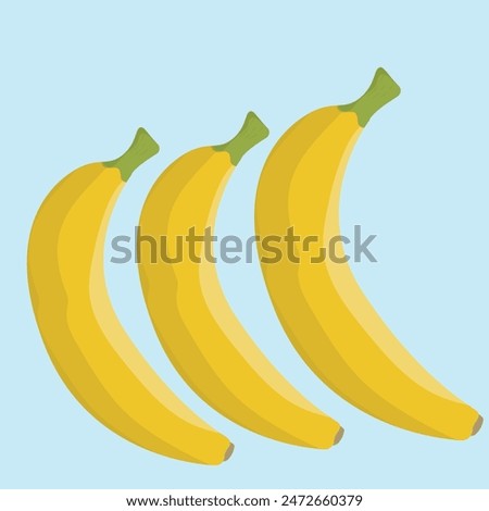 Vector of three yellow bananas in a row on a light blue background. Perfect for health, nutrition, food ads, and creative projects. Vibrant and eye-catching design.