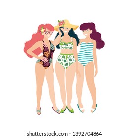 Vector three young long-haired girls standing in swimsuiwt isolated on white background. Summer vacation. Summer girl illustration
