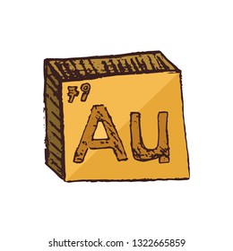 Vector three-dimensional hand drawn chemical symbol of gold or aurum with an abbreviation Au from the periodic table of the elements isolated on a white background.