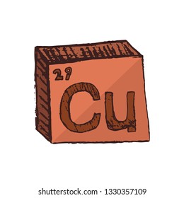 Vector three-dimensional hand drawn chemical reddish brown symbol of metal copper or cuprum with an abbreviation Cu from the periodic table of the elements isolated on a white background.