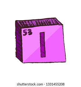 Vector three-dimensional hand drawn chemical violet symbol of gas iodine with an abbreviation I from the periodic table of the elements isolated on a white background.