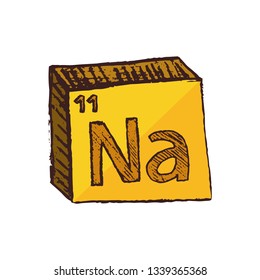 Vector three-dimensional hand drawn chemical yellow symbol of sodium or natrium with an abbreviation Na from the periodic table of the elements isolated on a white background.