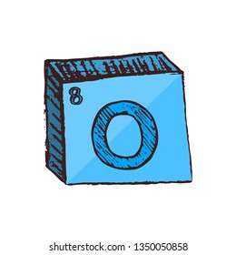 Símbolo químico azul desenhado à mão tridimensional vetorial de oxigênio com uma abreviação O da tabela periódica dos elementos isolados em um fundo branco.