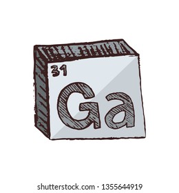 Vector three-dimensional hand drawn chemical blue gray silver symbol of gallium with an abbreviation Ga from the periodic table of the elements isolated on a white background.
