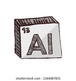 Vector three-dimensional hand drawn chemical gray silver symbol of aluminium with an abbreviation Al from the periodic table of the elements isolated on a white background.