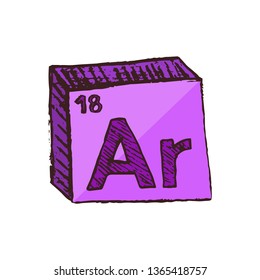 Vector three-dimensional hand drawn chemical neon purple symbol of argon with an abbreviation Ar from the periodic table of the elements isolated on a white background.
