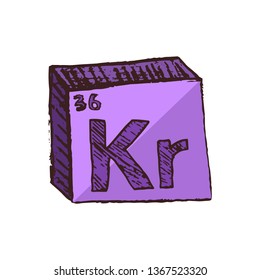 Vector three-dimensional hand drawn chemical purple symbol of noble gas krypton with an abbreviation Kr from the periodic table of the elements isolated on a white background.