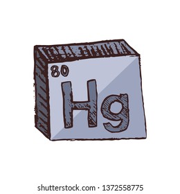 Vector three-dimensional hand drawn chemical gray symbol of mercury with an abbreviation Hg from the periodic table of the elements isolated on a white background.