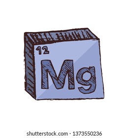 Vector three-dimensional hand drawn chemical silver-blue symbol of magnesium with an abbreviation Mg from the periodic table of the elements isolated on a white background.