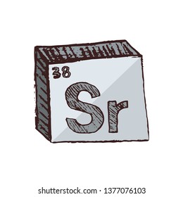 Vector three-dimensional hand drawn chemical gray silver symbol of strontium with an abbreviation Sr from the periodic table of the elements isolated on a white background.
