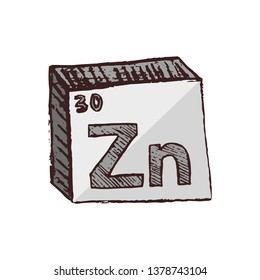 Vector three-dimensional hand drawn chemical gray silver symbol of zinc with an abbreviation Zn from the periodic table of the elements isolated on a white background.