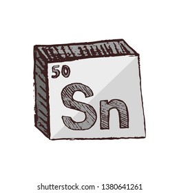 Vector three-dimensional hand drawn chemical gray silver symbol of metal tin with an abbreviation Sn from the periodic table of the elements isolated on a white background.