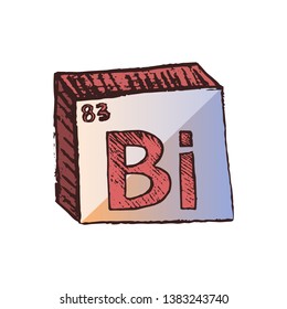 Vector three-dimensional hand drawn chemical symbol of heavy metal bismuth with rainbow shades with an abbreviation Bi from the periodic table of the elements isolated on a white background.