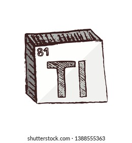 Vector three-dimensional hand drawn chemical white shiny symbol of metal thallium with an abbreviation Tl from the periodic table of the elements isolated on a white background.