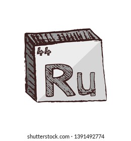 Vector Three-dimensional Hand Drawn Chemical Gray-white Symbol Of Metal Ruthenium With An Abbreviation Ru From The Periodic Table Of The Elements Isolated On A White Background.