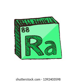 Vector three-dimensional hand drawn chemical luminous green radioactive symbol of metal radium with an abbreviation Ra from the periodic table of the elements isolated on a white background.