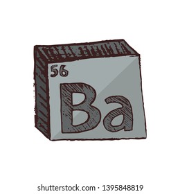 Vector three-dimensional hand drawn chemical gray symbol of toxic and reactive element barium with an abbreviation Ba from the periodic table of the elements isolated on a white background.