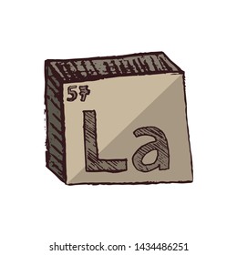 Vector three-dimensional hand drawn chemical silvery brown symbol of metal lanthanum – rare earth element with an abbreviation La from the periodic table of the elements isolated on a white background