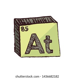 Vector three-dimensional hand drawn chemical gray-yellow symbol of radioactive astatine with an abbreviation At from the periodic table of the elements isolated on a white background