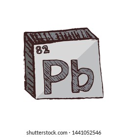 Vector three-dimensional hand drawn chemical gray silver symbol of lead or plumbum with an abbreviation Pb from the periodic table of the elements isolated on a white background.