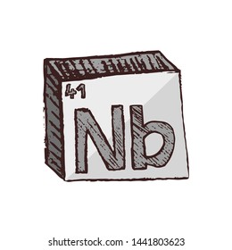 Vector three-dimensional hand drawn chemical gray silver symbol of niobium with an abbreviation Nb from the periodic table of the elements isolated on a white background.