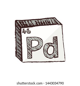 Vector three-dimensional hand drawn chemical gray-white symbol of palladium with an abbreviation Pd from the periodic table of the elements isolated on a white background.