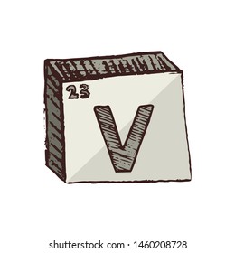 Vector three-dimensional hand drawn chemical silvery-gray symbol of vanadium with an abbreviation V from the periodic table of the elements isolated on a white background.