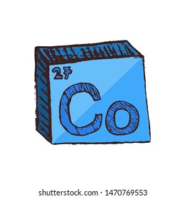 Vector three-dimensional hand drawn chemical blue symbol of metal cobalt with an abbreviation Co from the periodic table of the elements isolated on a white background.