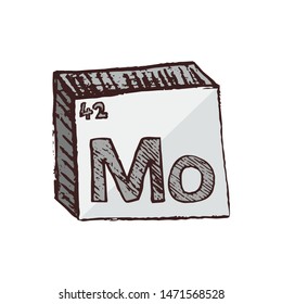 Vector three-dimensional hand drawn chemical silver symbol of metal molybdenum with an abbreviation Mo from the periodic table of the elements isolated on a white background.