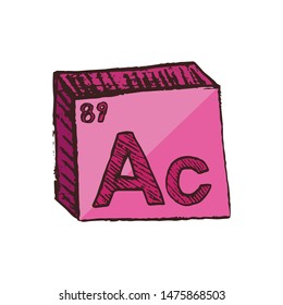 Vector three-dimensional hand drawn chemical pink symbol of transition metal actinium with an abbreviation Ac from the periodic table of the elements isolated on a white background.