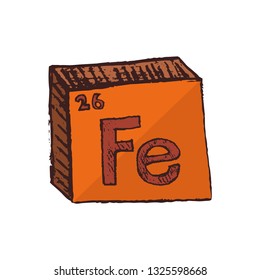 Vector three-dimensional hand drawn orange chemical symbol of iron or ferrum with an abbreviation Fe from the periodic table of the elements isolated on a white background.