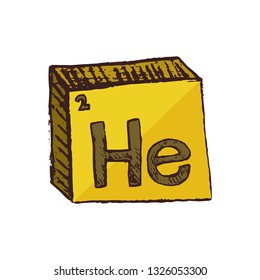 Vector three-dimensional hand drawn yellow chemical symbol of noble gas helium with an abbreviation He from the periodic table of the elements isolated on a white background.