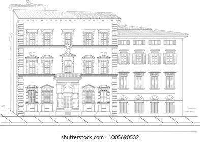 Vector three-floored european type house 2d sketch. Side view of the building with a door, balcony, windows and tiled roof. Black and white version.