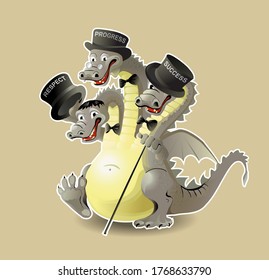 Vector three-headed dragon in black hats /top hats with a cane in hand isolated on a colored background. Cartoon character.	