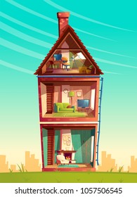 Vector three-story house interior cross section, cartoon multistorey private building with telescope at the attic, furniture and living room with fireplace, sofa, TV. Architecture background