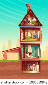 Vector three-story house interior in cross section with basement and garage. Cartoon multistorey private building. Attic, furniture in living room, sofa, TV, laundry in cellar. Architecture background