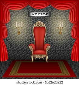 Vector. The throne room, a room in the castle, the ancient castle, with stone walls, an ancient Palace, the seat for the king. Realistic 3D, illustration.