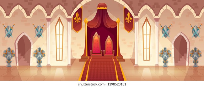 Vector throne room in medieval palace for ceremonies and royal receptions, castle hall, ballroom for dancing. Rich interior with gobelins and weapons on walls, guards in armor. Fantasy game background