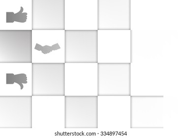 Vector : Thumb up and thumb down with shake hand in abstract square background