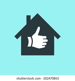 vector thumb up in house real estate icon | modern flat design white pictogram isolated on blue background