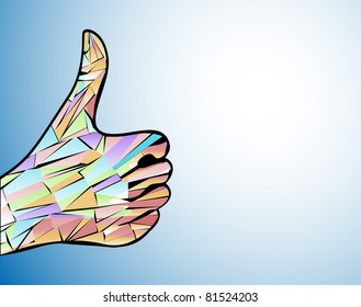 vector thumb up satisfaction guaranteed mosaic. The mosaic multicolored hand speaking in a sign language - all is healthy. Vector fantasy illustration.