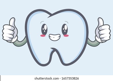 Vektorillustration Die Zahn-Charaktere Emoticon Cartoon Stil Thumb Up. Logo, Symbol, Maskottabildung