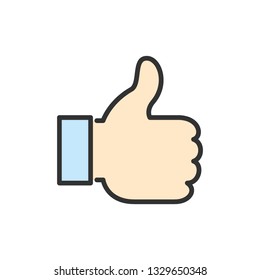 Vector thumb up, like, positive feedback flat color line icon.