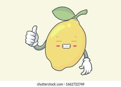 Vector Thumb Up, Okay, Okey, OK Hand Gesture. Frustrated, Grin Smile, Nervous face. Lemon Fruit character emoticon, emoji, expression cartoon style. Logo, Icon, Mascot Illustration art