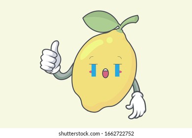 Vector Thumb Up, Okay, Okey, OK Hand Gesture. Crying, Sad, Sob face. Lemon Fruit character emoticon, emoji, expression cartoon style. Logo, Icon, Mascot Illustration art